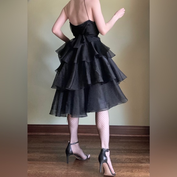 Wednesday Dress, Tiered Ruffled Formal Gown, Tea Length, Goth Prom Dress - Picture 6 of 14